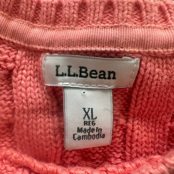 LL Bean Double Cable Knit Crew Neck Sweater Peach Pink Chunky Fisherman Style XL - Picture 3 of 9
